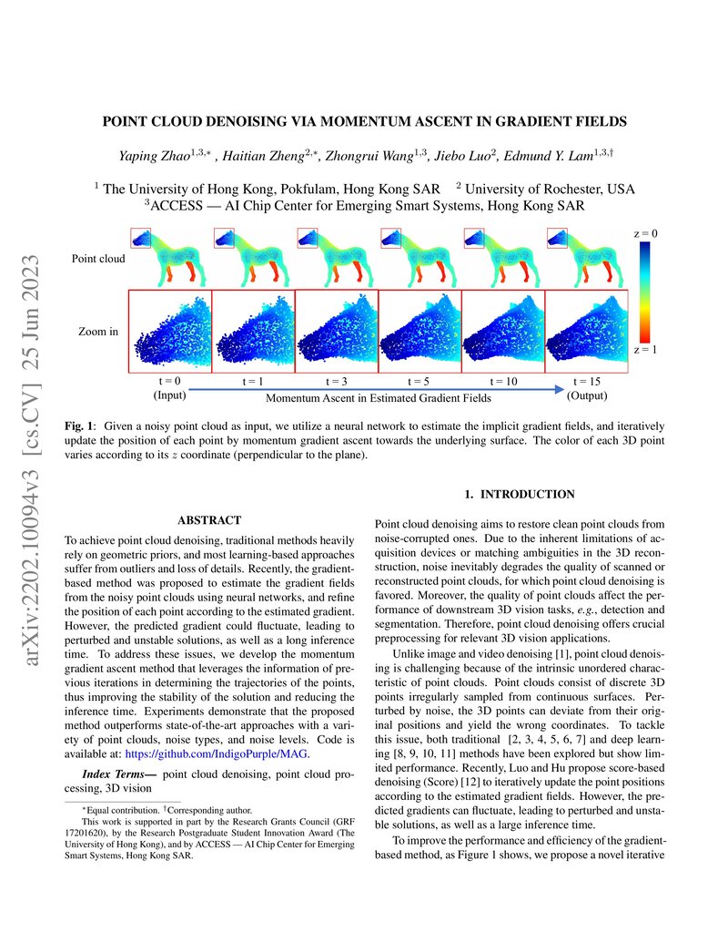 Point Cloud Denoising via Momentum Ascent in Gradient Fields